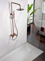 IMEX Set doccia monocomando oro rosa spazzolato in acciaio inox S304 e ottone con asta estensibile soffione extrapiatto Ø20 cm anticalcare cartuccia ceramica Ø35 mm tubo flessibile 15 m Imex-BDC0