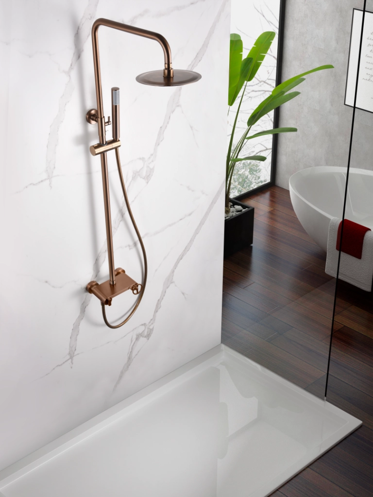 IMEX Set doccia monocomando oro rosa spazzolato in acciaio inox S304 e ottone con asta estensibile soffione extrapiatto Ø20 cm anticalcare cartuccia ceramica Ø35 mm tubo flessibile 15 m Imex-BDC0