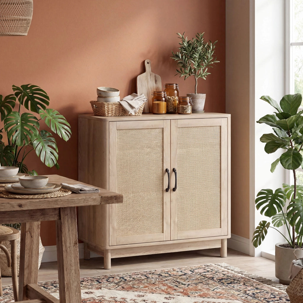 Mobile buffet con 2 ante in rattan ¨C Xylo ¨C rovere, ripiani regolabili, 76x35x75,5 cm
