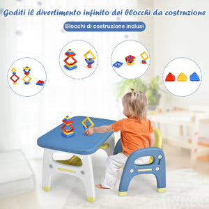Set tavolo e sedia per bambini con forma di dinosauro, Mobili di plastica con mensola e costruzioni Blu-Tavoli e sedie