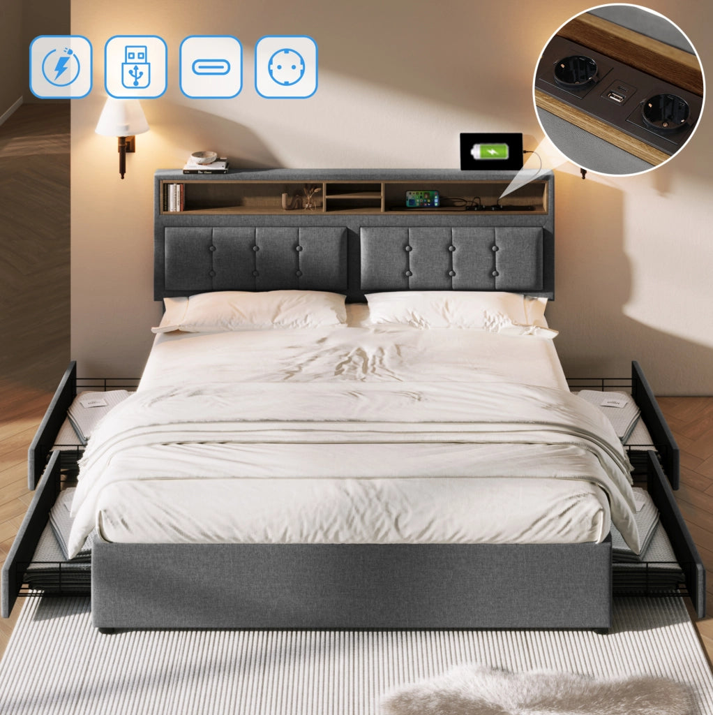 Letto matrimoniale imbottito 140x200 cm con 4 cassetti; testiera regolabile; USB e prese; grigio