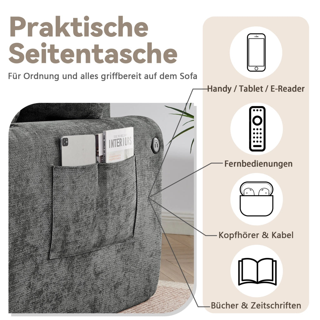 Divano relax 2 posti compatto con tasca laterale portabicchieri e cuscini in chenille grigio per piccoli spazi