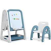 Cavalletto per dipingere 2 in 1 per bambini, Lavagna double face e libreria per bambini con sedia, Blu-Cavalletti e lavagne bambini