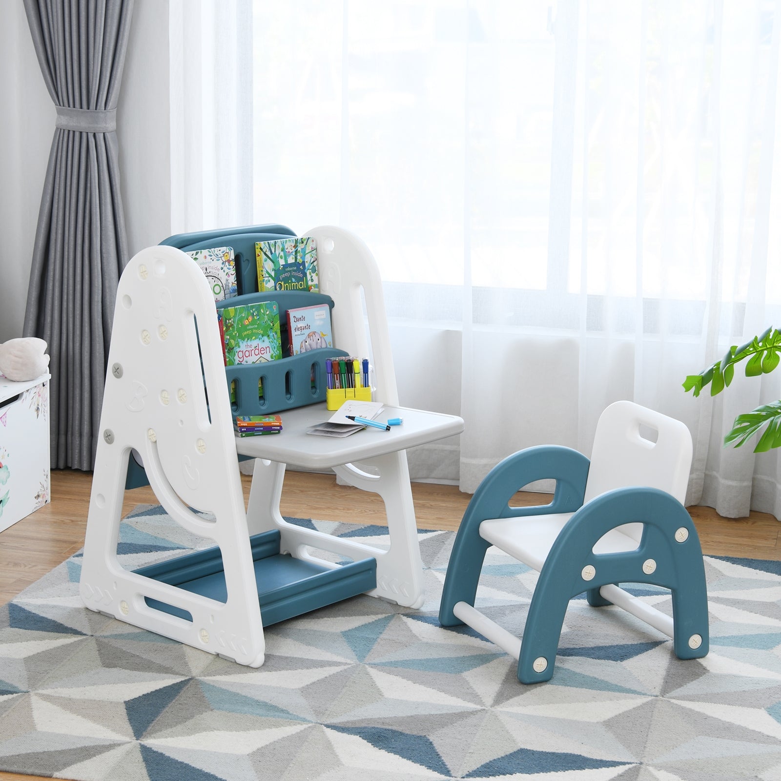 Cavalletto per dipingere 2 in 1 per bambini, Lavagna double face e libreria per bambini con sedia, Blu-Cavalletti e lavagne bambini