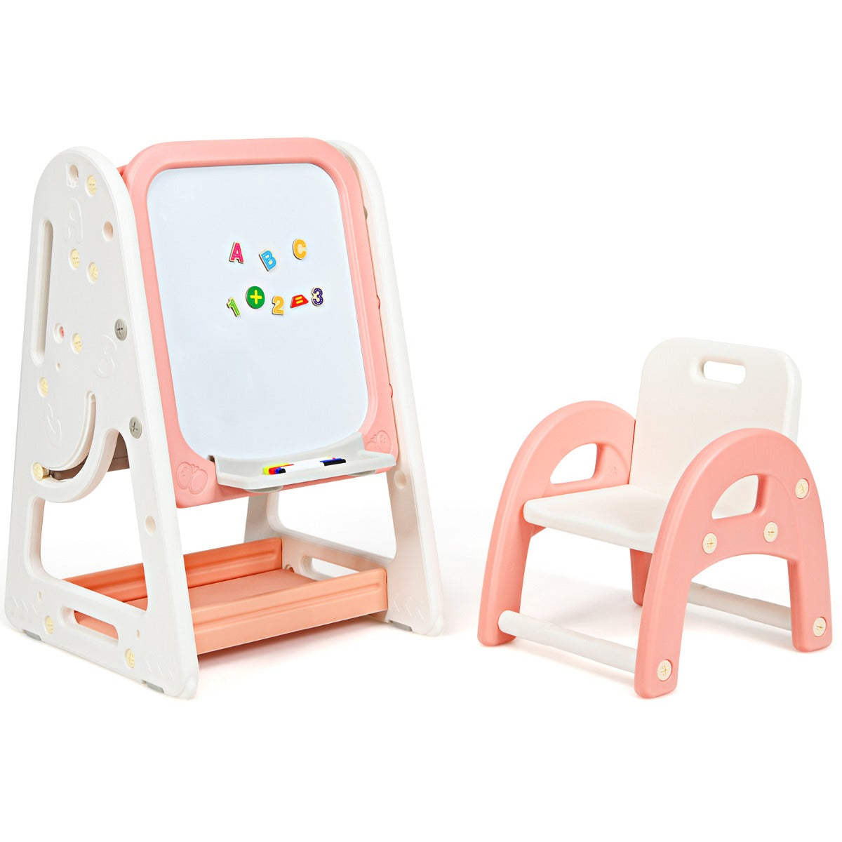 Cavalletto per dipingere 2 in 1 per bambini, Lavagna double face e libreria per bambini con sedia, Rosa-Cavalletti e lavagne bambini