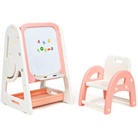 Cavalletto per dipingere 2 in 1 per bambini, Lavagna double face e libreria per bambini con sedia, Rosa-Cavalletti e lavagne bambini