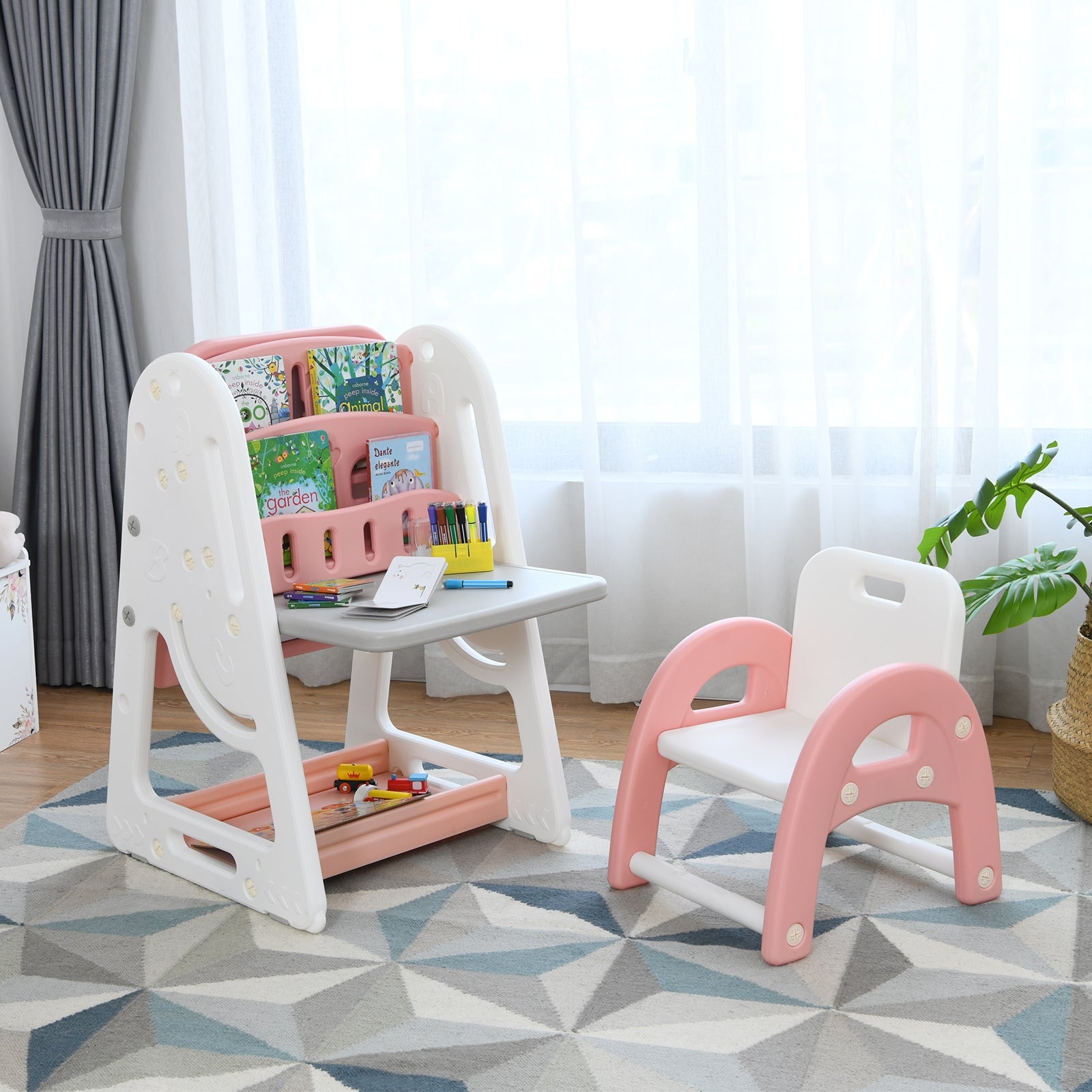 Cavalletto per dipingere 2 in 1 per bambini, Lavagna double face e libreria per bambini con sedia, Rosa-Cavalletti e lavagne bambini