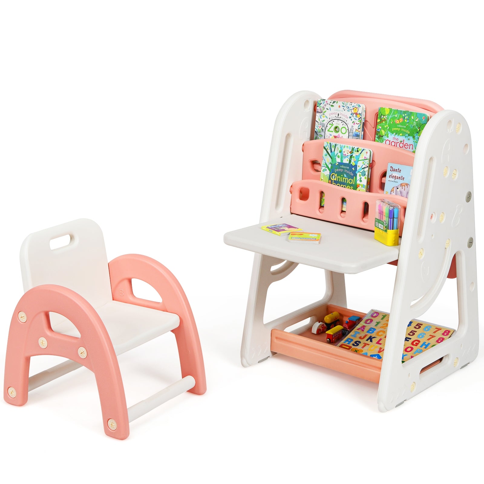 Cavalletto per dipingere 2 in 1 per bambini, Lavagna double face e libreria per bambini con sedia, Rosa-Cavalletti e lavagne bambini