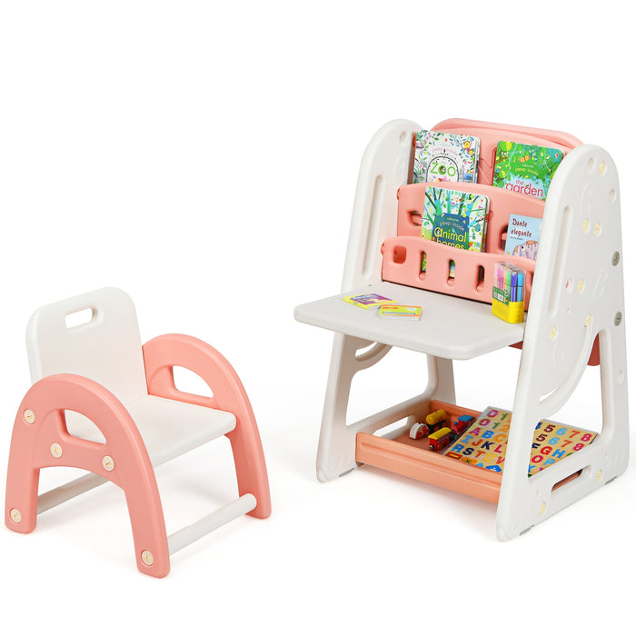 Cavalletto per dipingere 2 in 1 per bambini, Lavagna double face e libreria per bambini con sedia, Rosa-Cavalletti e lavagne bambini