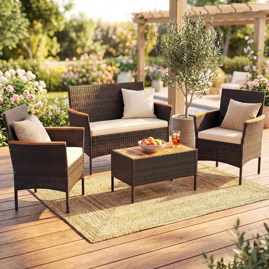 Salotto da Giardino Esterno 4 Pezzi, Set Giardino Esterno in Rattan con 1 Tavolino, 2 Poltrone e 1 Divano 2 Posti, Set Mobili da Patio con Cuscini Morbidi per Patio, Balcone e Piscina