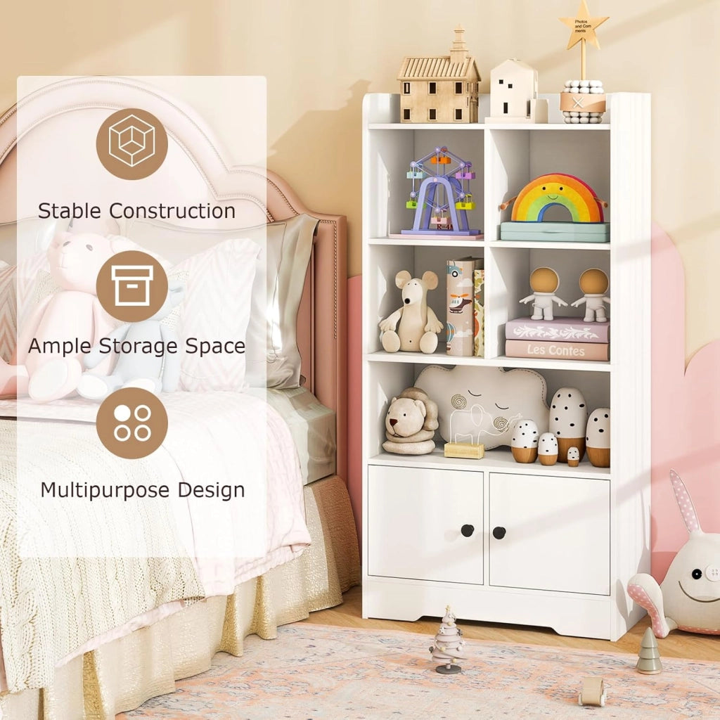 Libreria a 5 Ripiani, Scaffale con 5 Cubi Aperti e Armadio a 2 Porte, Libreria Autoportante con Kit Antiribaltamento per Soggiorno, Camera da Letto e Studio, 60 x 29,5 x 120 cm, Bianco
