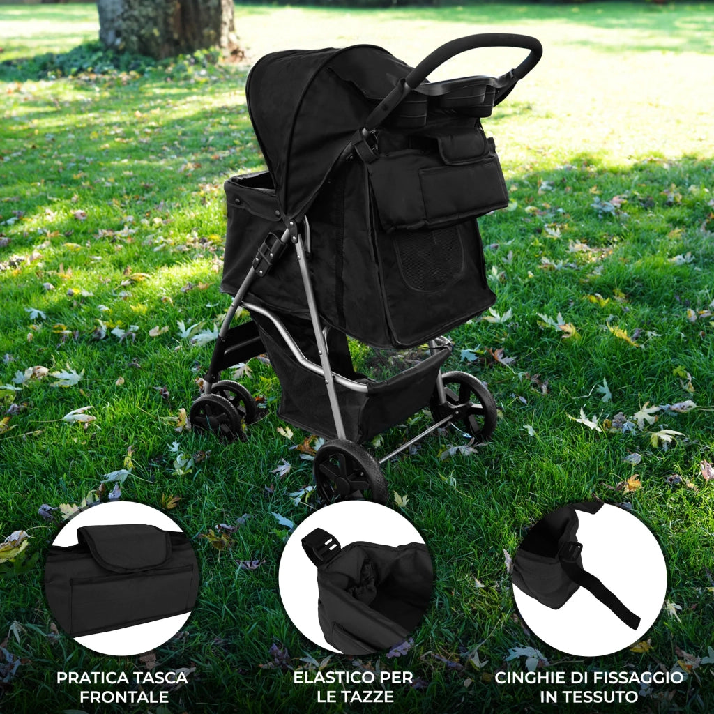 Organizer per Passeggino per Animali Nero con Cinghie a Strappo e Tasche