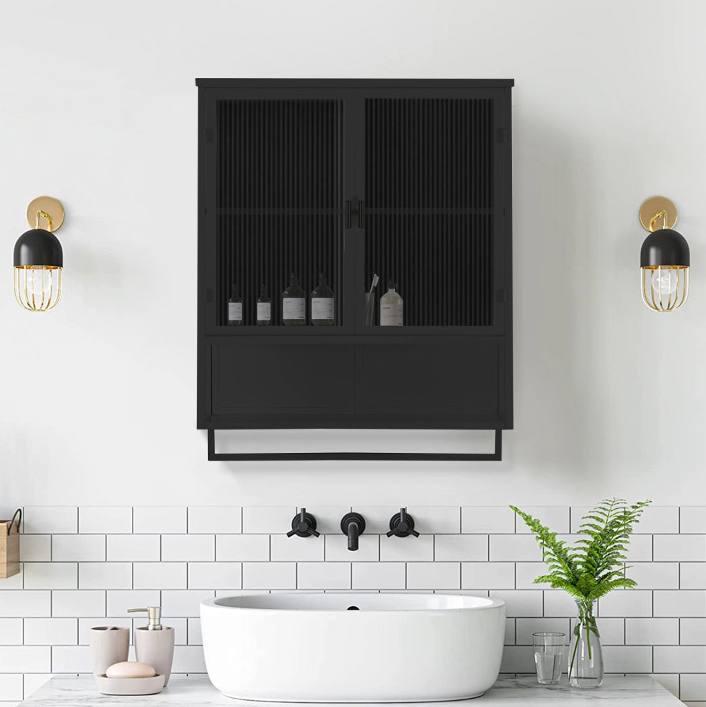 Credenza murale moderna in vetro e metallo nero con doppia anta