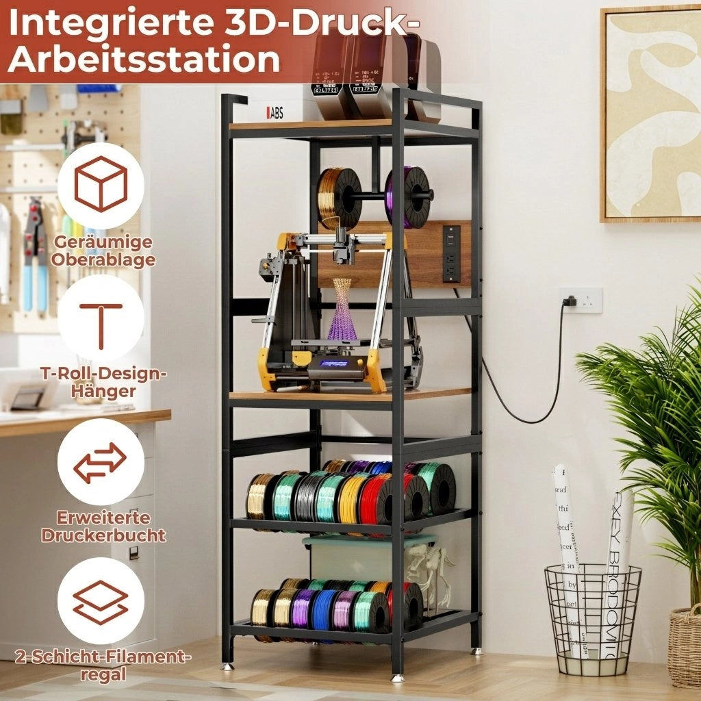 Mobile contenitore per stampante 3D con porta filamento a T e ripiani in metallo, per officina e casa, nero 67.5 × 67.5 × 26.0 cm