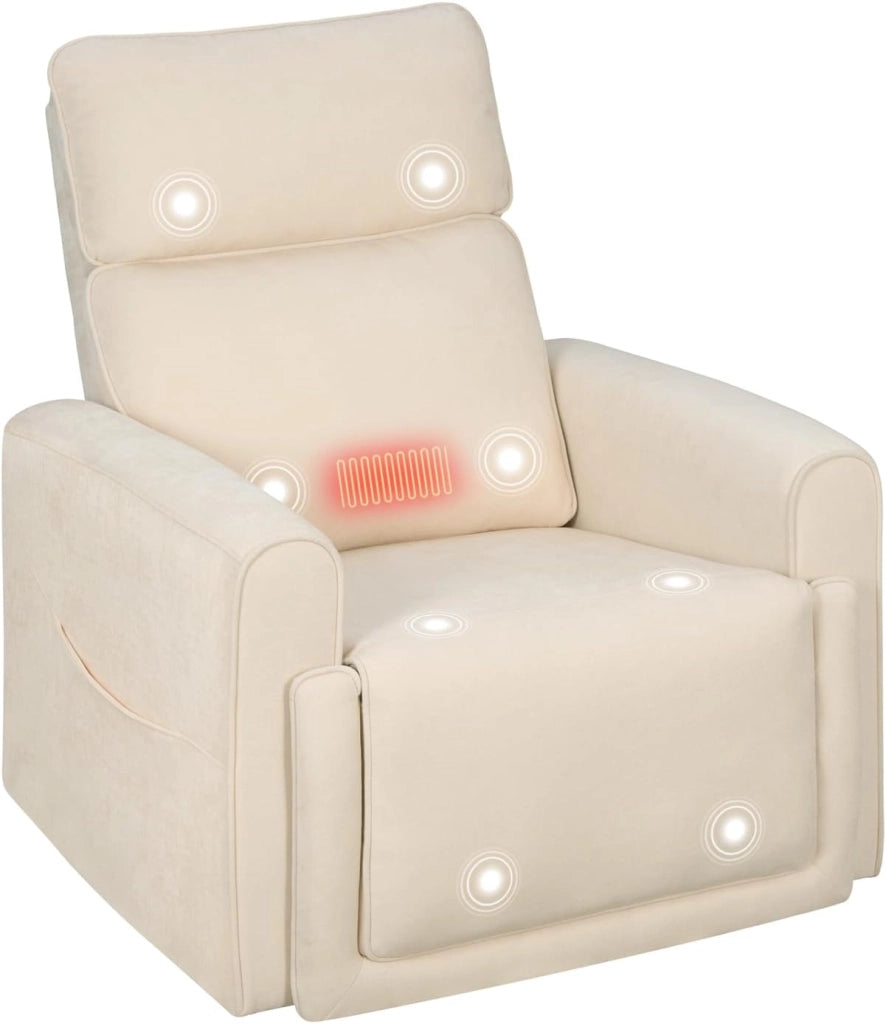 Poltrona Reclinabile Massaggiante con Funzione Riscaldamento, Sedia Ergonomica, Girevole e Oscillante, con Poggiatesta, Tasche Laterali e Porta USB, per Soggiorno, Camera da Letto, Beige