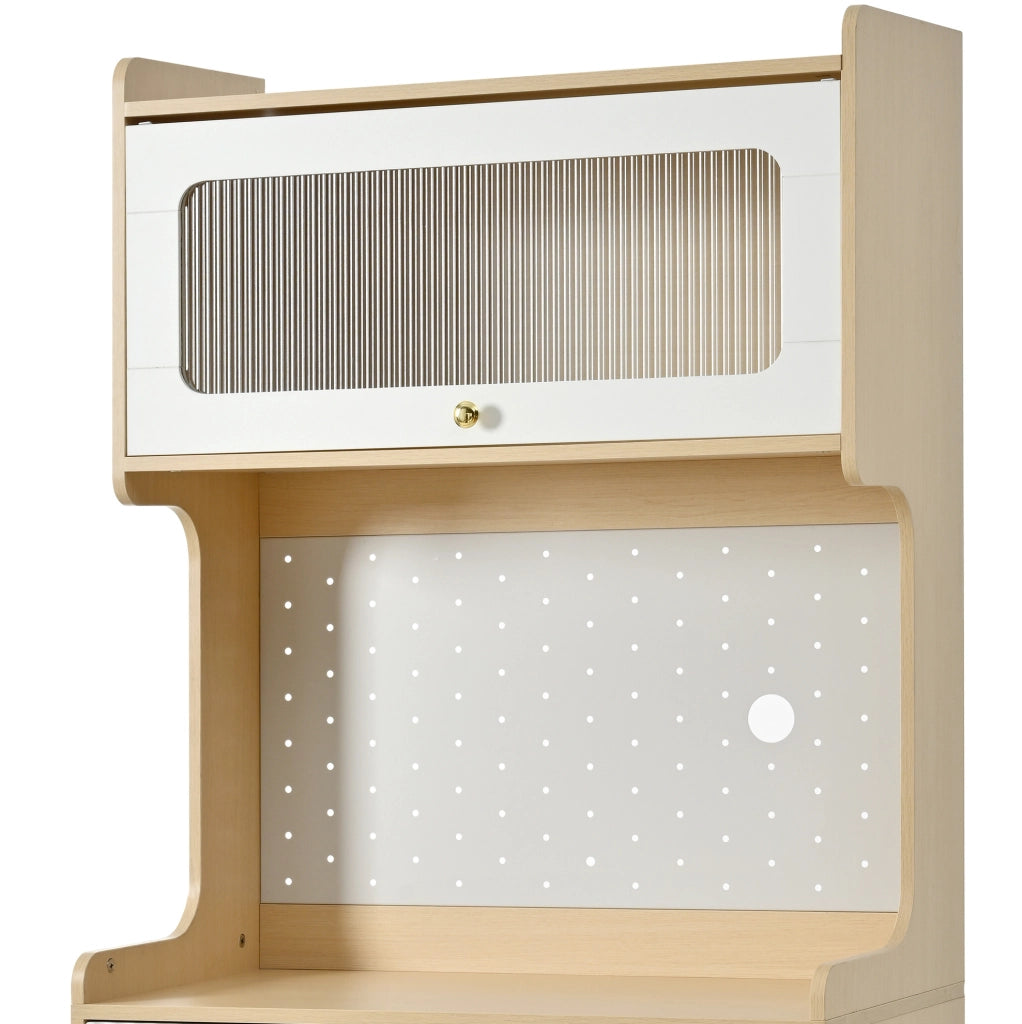 Credenza 80x40x180 cm con ripiani regolabili; cassetto; illuminazione LED; MDF e pannello truciolare; naturale e bianco