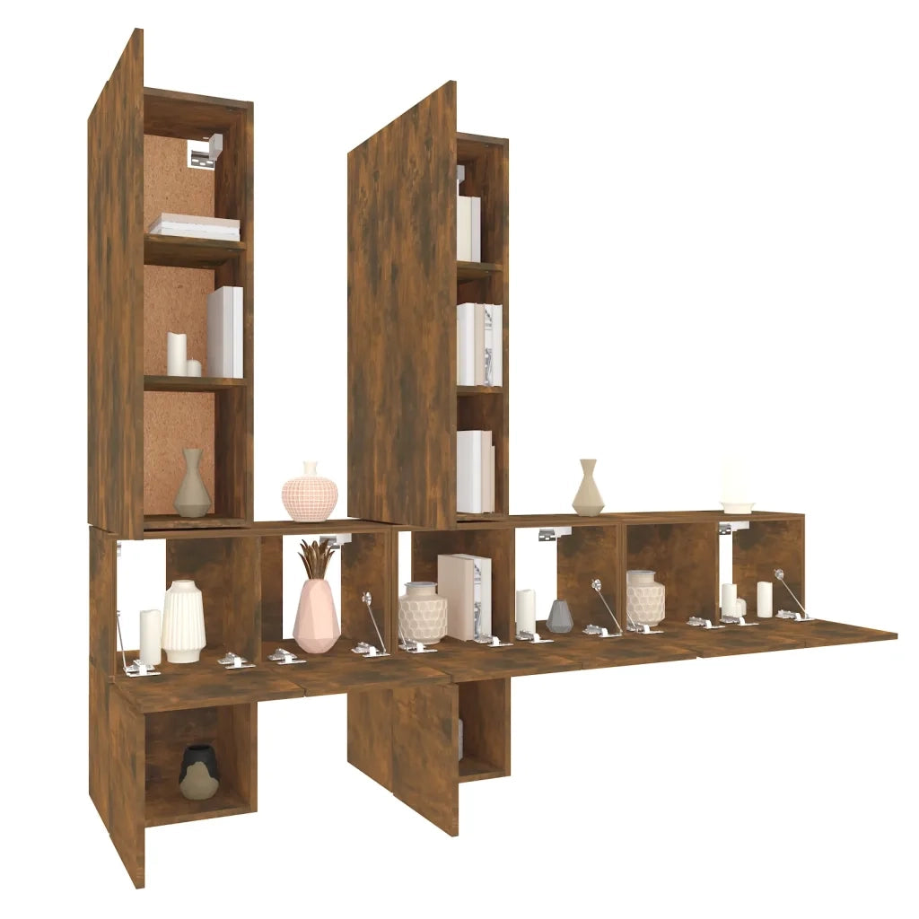 Set di Mobili Porta TV 7 pz Rovere Fumo in Legno Multistrato cod mxl 20313