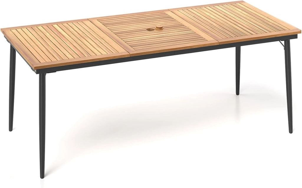 Tavolo da Giardino con Foro per Ombrellone, Tavolo da Pranzo in Legno di Acacia, Tavolo Rettangolare per 8 Persone, 200 x 100 x 75 cm, per Esterni, Balcone, Cortile, Patio (Modello C)
