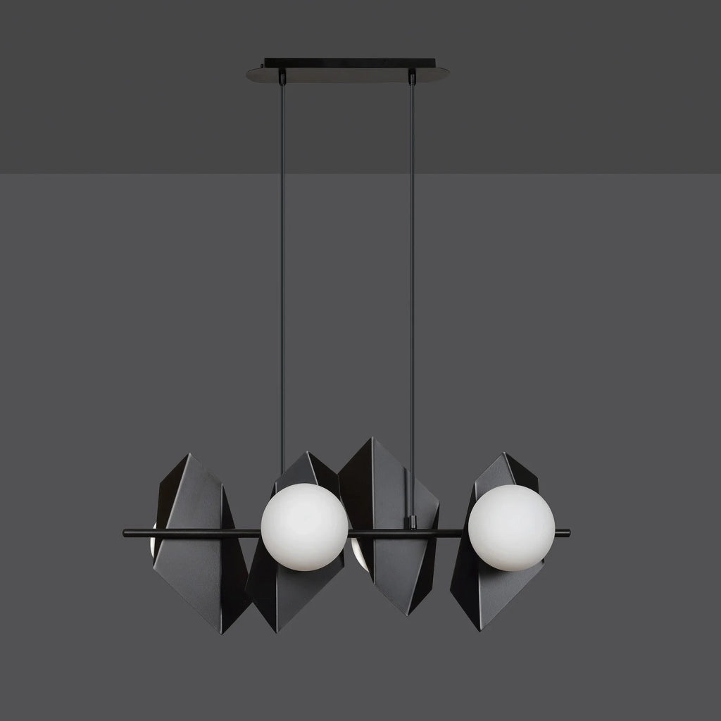 Lampadario 4 Luci Moderno Parvati In Acciaio Nero E Sfere Vetro Opalino