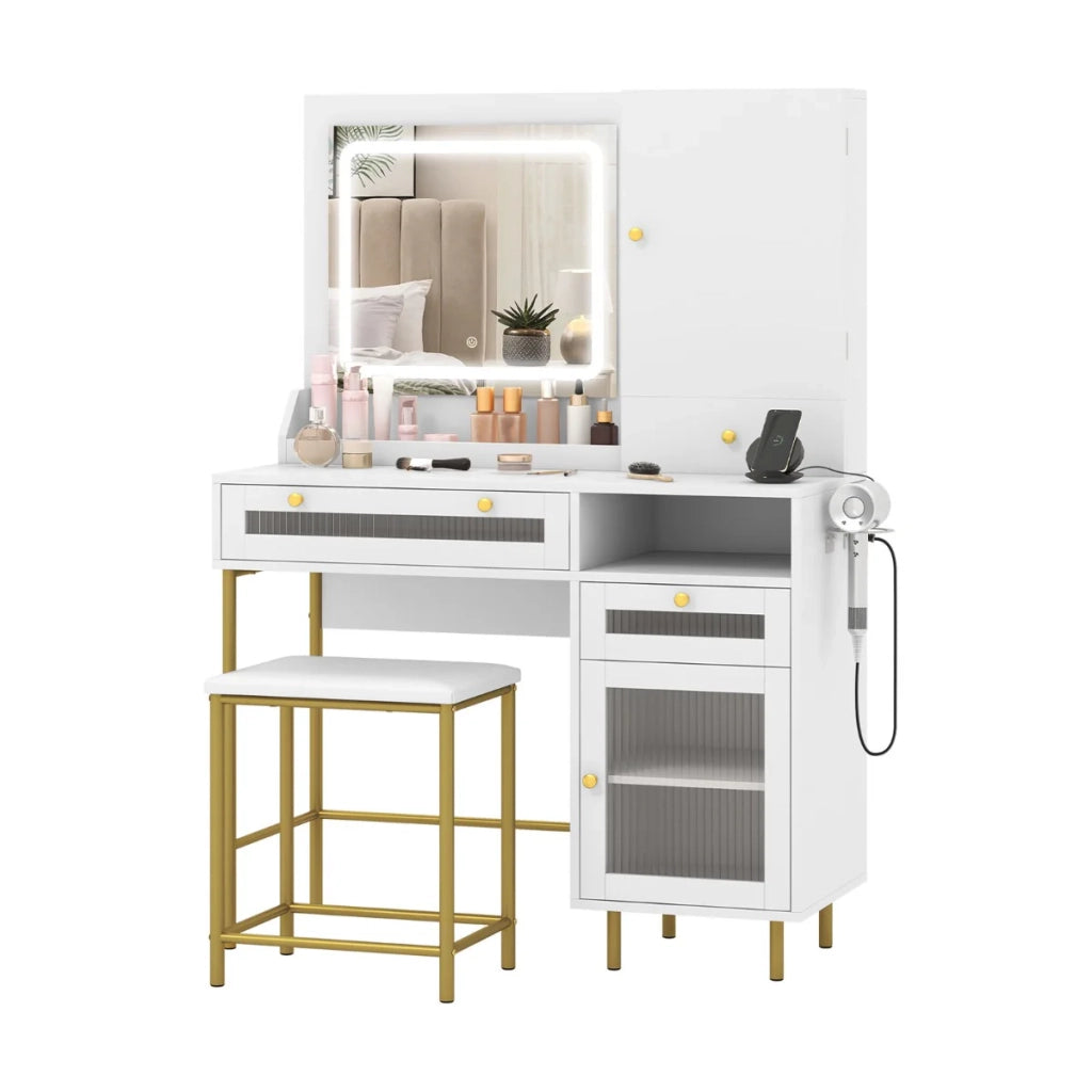 Set tavolo da trucco e sgabello 96 x 39 x 1355 cm con specchio LED (3 colori) e spazio di archiviazione ottimizzato in legno MDF bianco 20_0011869