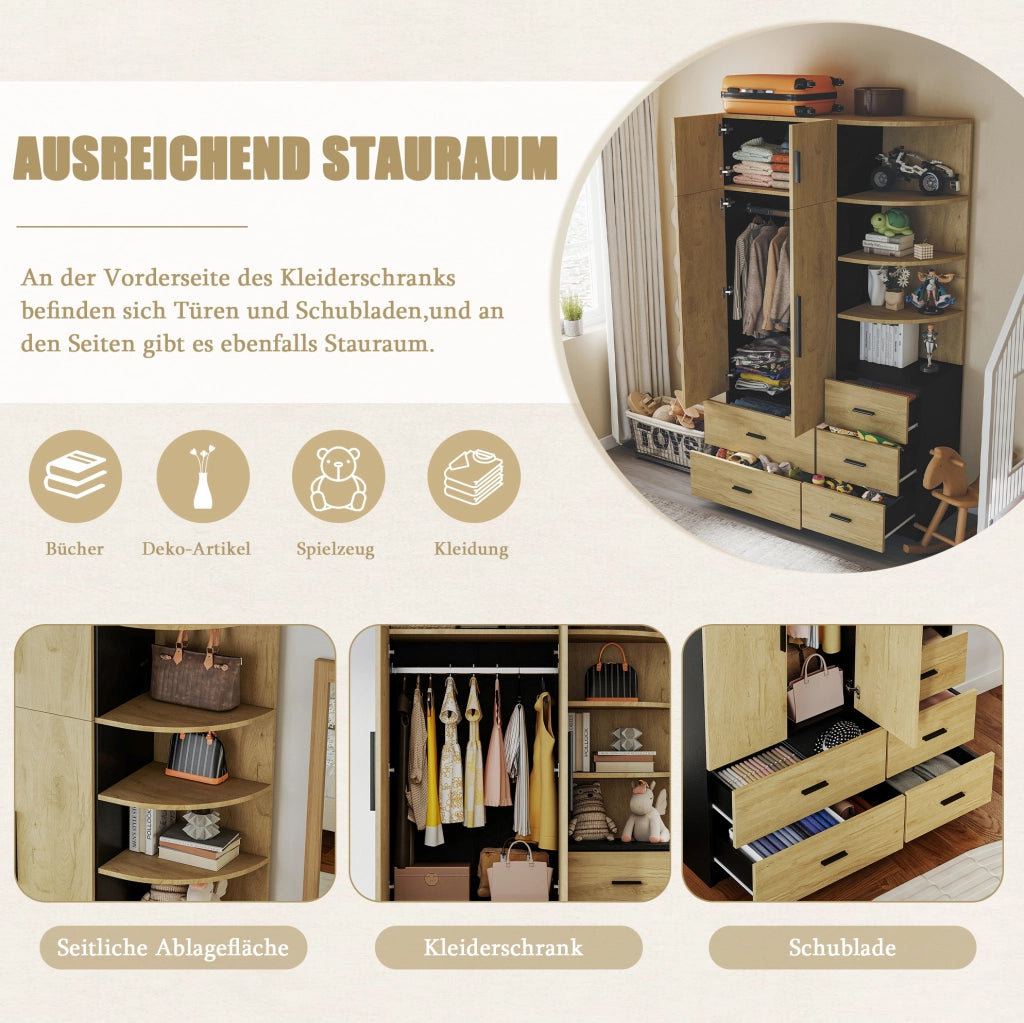 Armadio con 5 cassetti e barra appendiabiti 110 x 40 x 186 cm; naturale e nero