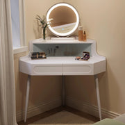 WOLTU Toeletta ad Angolo con Luce, Specchio Dimmerabile, Tavolo da Toilette, 2 Cassetti, 1 Ripiano con Divisorio in Vetro, Tavolino Salvaspazio, Gambe in Metallo, Bianco