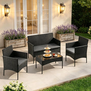 Mobili Da Giardino Per 4 Persone Nero Rattan Ferro Vetro Tavolo 71 Cm Salotto Esterno