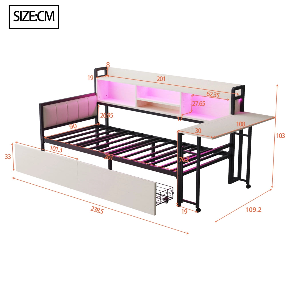 OKWISH Letto a Divano 90×200 cm, Letto Singolo con 2 Cassetti, LED, USB, Tipo C e Scrivania Ribaltabile, senza Materasso, Metallo, Bianco