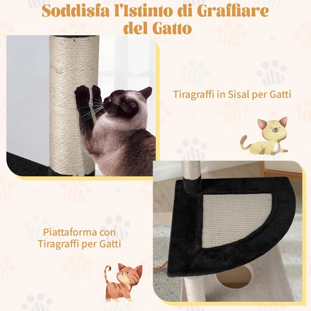 Albero per Gatti, Tiragraffi per Gatti con Tiragraffi in Sisal e Tavole, Piattaforma Arcuata, Posatoio Imbottito in Cima, Condominio con Buco e Piattaforma Arcuata