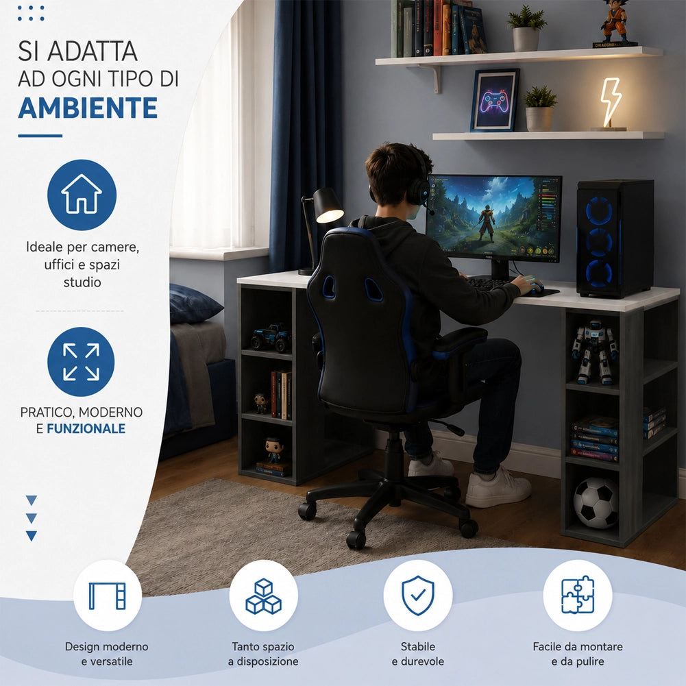 Scrivania Libreria 6 Ripiani Tavolo Porta Computer Casa Ufficio Bianco Antracite