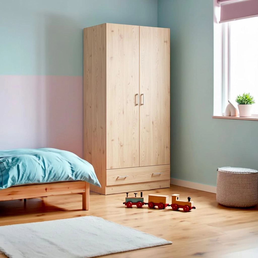 Armadio Design Moderno Con 2 Ante E 1 Cassetto Multiuso Salvaspazio Con Ripiani Interni E Vano Contenitore Per Camera Da Letto O Ingresso Rovere