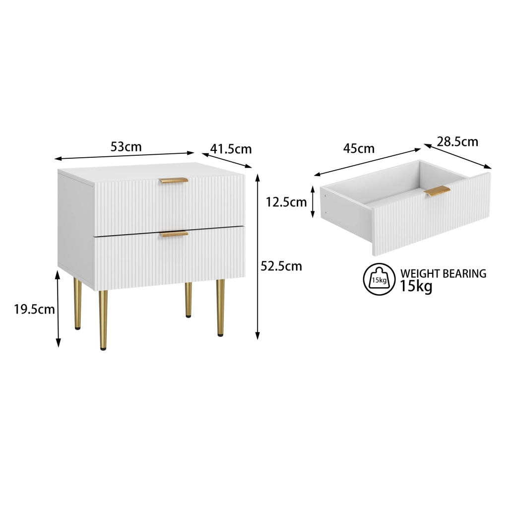Comodino bianco moderno con 2 cassetti e dettagli in metallo, design a scanalature verticali, 1 pezzo