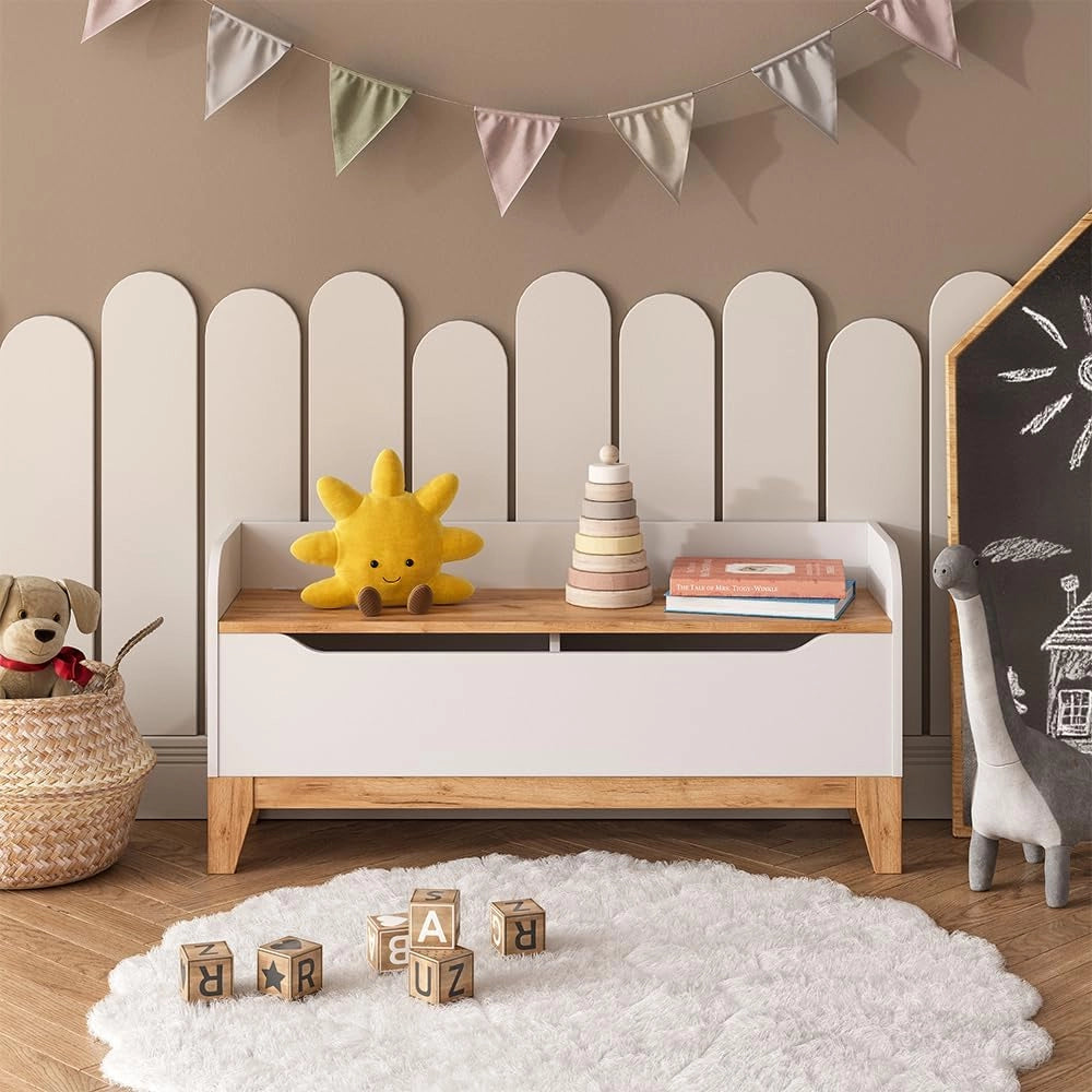 Cassapanca per giocattoli Malia, Bianco/Artisan, 107.2 x 50 cm con sedile, con spazio contenitivo e combinabile con altri mobili Malia