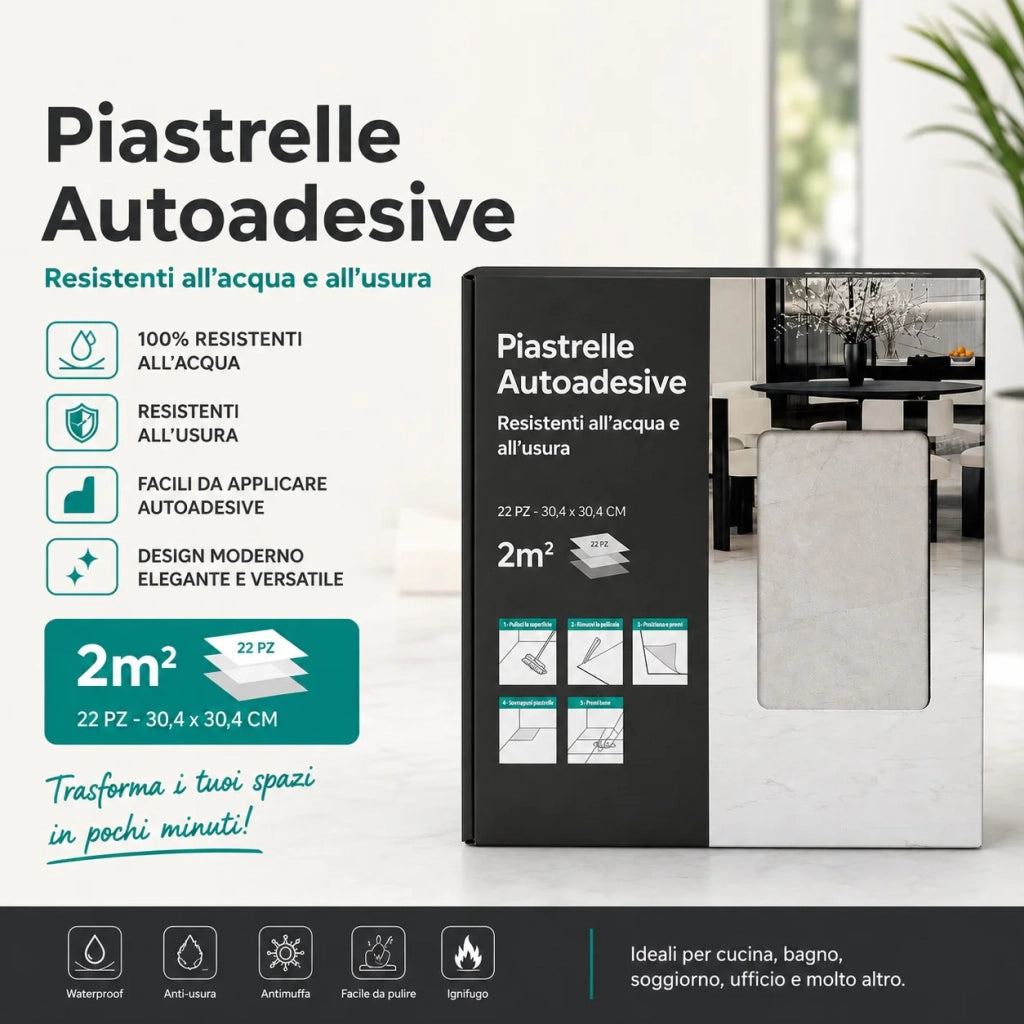 Piastrelle Autoadesive PVC Divina Home Effetto Marmo Bianco, Set 22 Pz per 2 mq, Spessore 0,15 cm, 30,4x30,4 cm - Design Moderno e Versatile