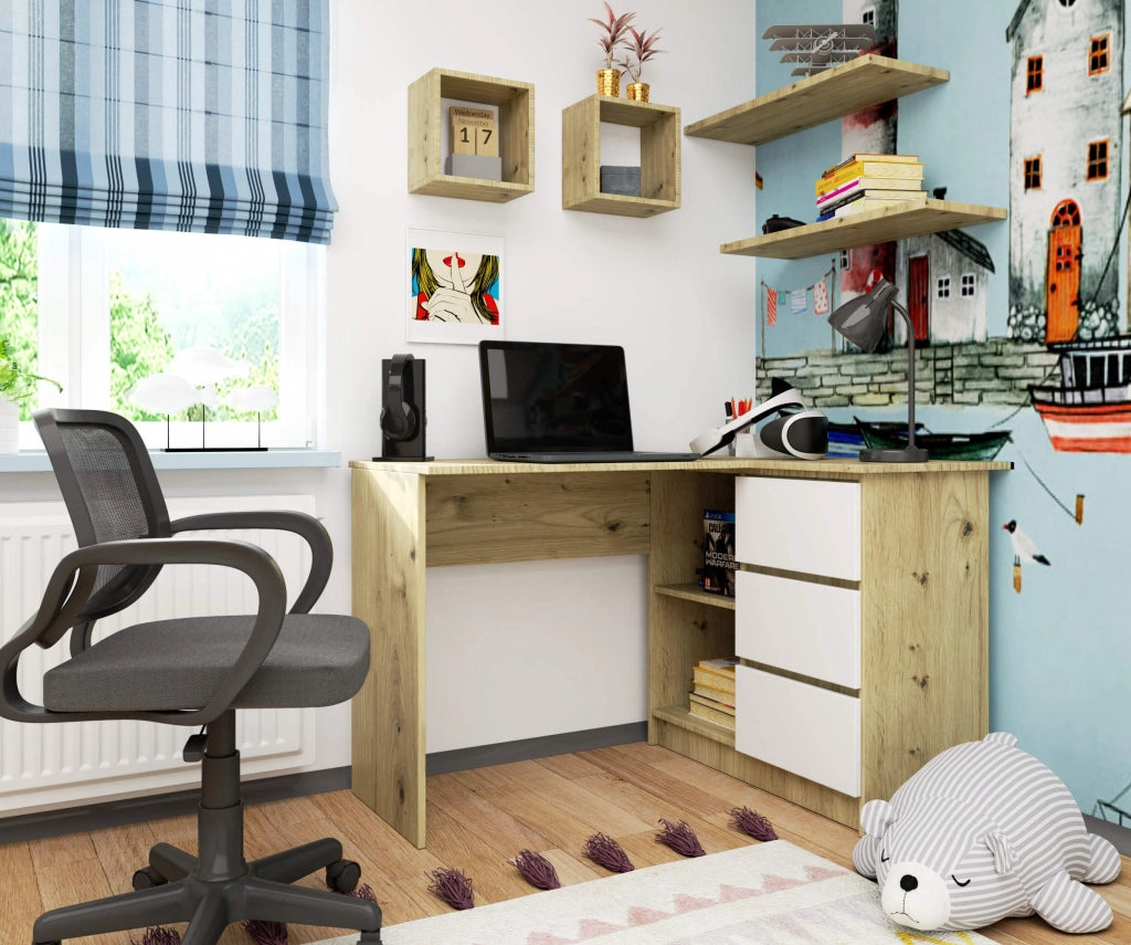 Scrivania angolare AKORD B16 Quercia Artisan 124 cm 3 cassetti inserto frontale Bianco 124x85x77 cm Modello a destra