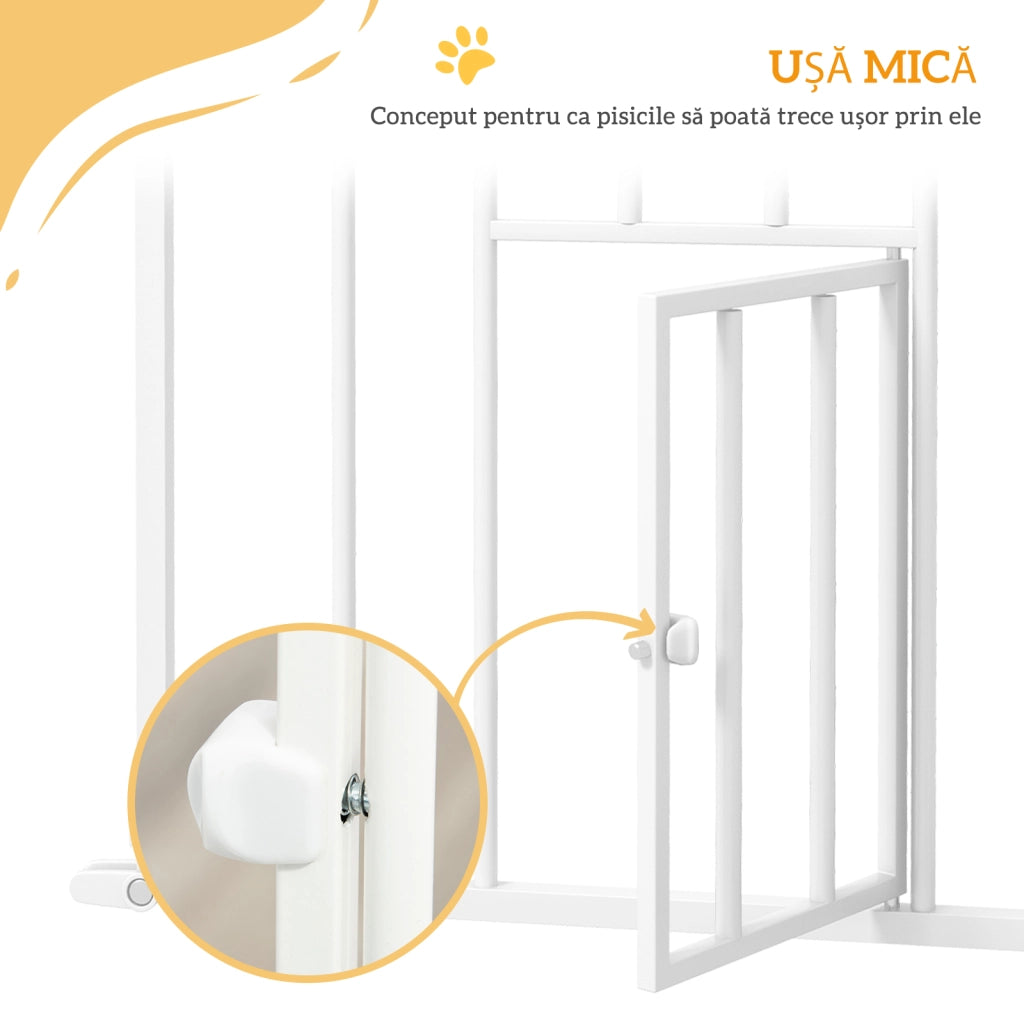 Cancellino per Cani Regolabile 74-101x104 cm con Porta Piccola e Chiusura Automatica in Acciaio Bianco