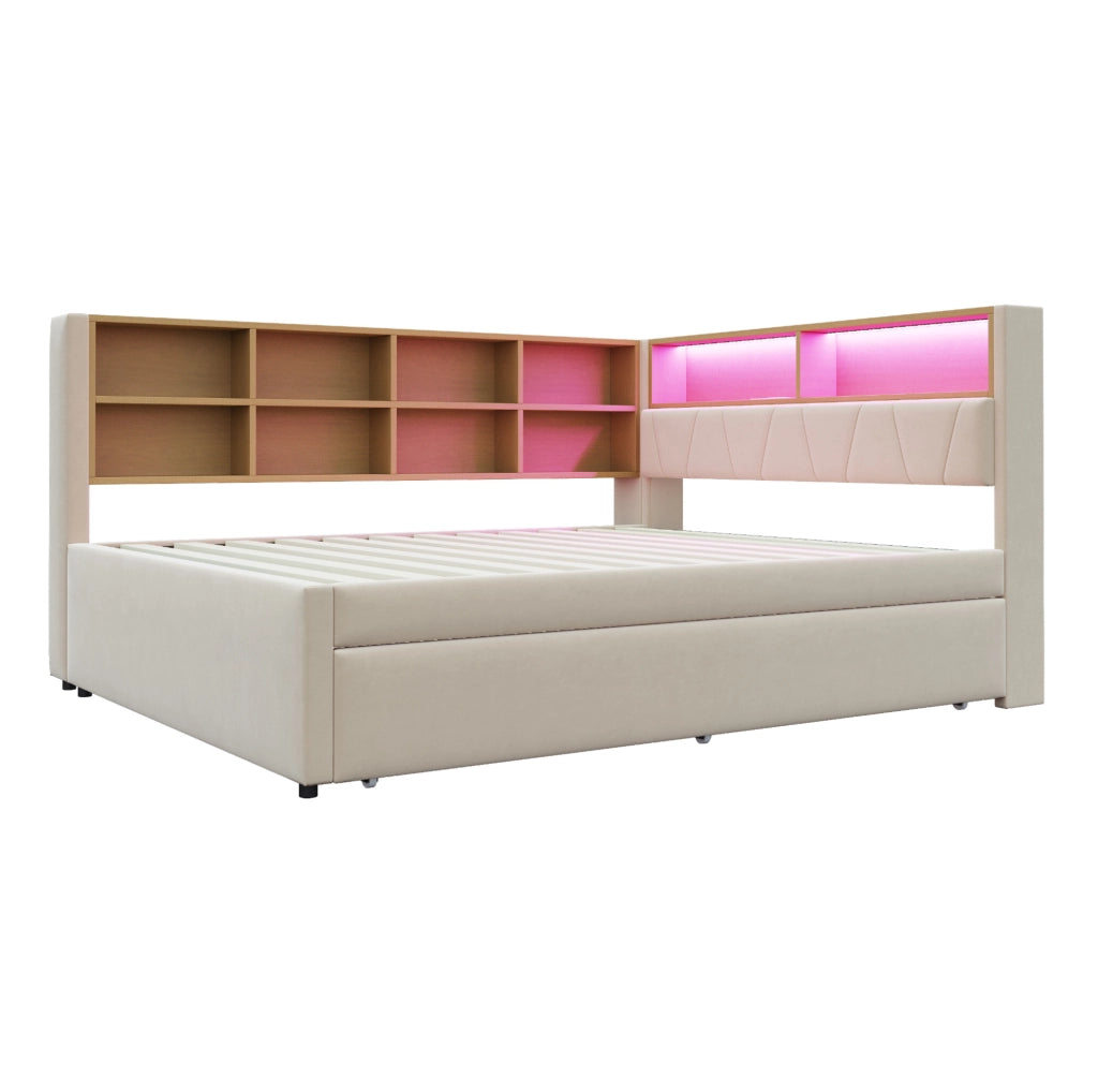 Divano letto multifunzione con letto estraibile, LED, prese integrate e vani portaoggetti