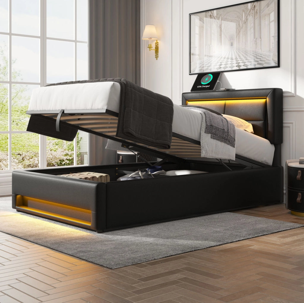 Letto imbottito 90x200 cm in PU nero con USB; LED e contenitore
