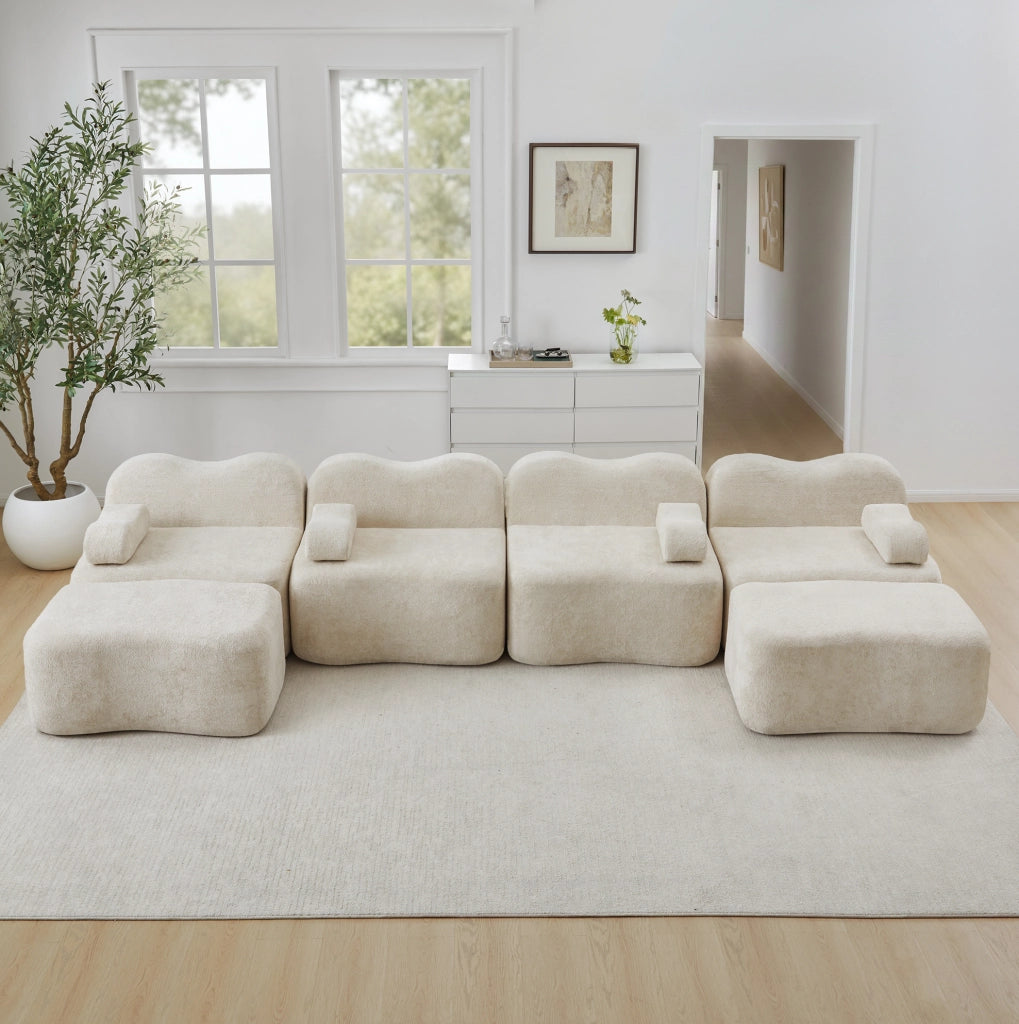 Divano modulare a U in velluto beige; schiuma 32D; senza struttura; 384x167x70 cm