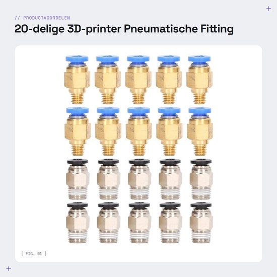 Fitting pneumatico 20 pezzi - Acciaio inox/ rame - PC4-M6/PC4-M10 - Accessori per stampante 3D - Per filamento 1,75 mm - Inclusa con connessione rapida