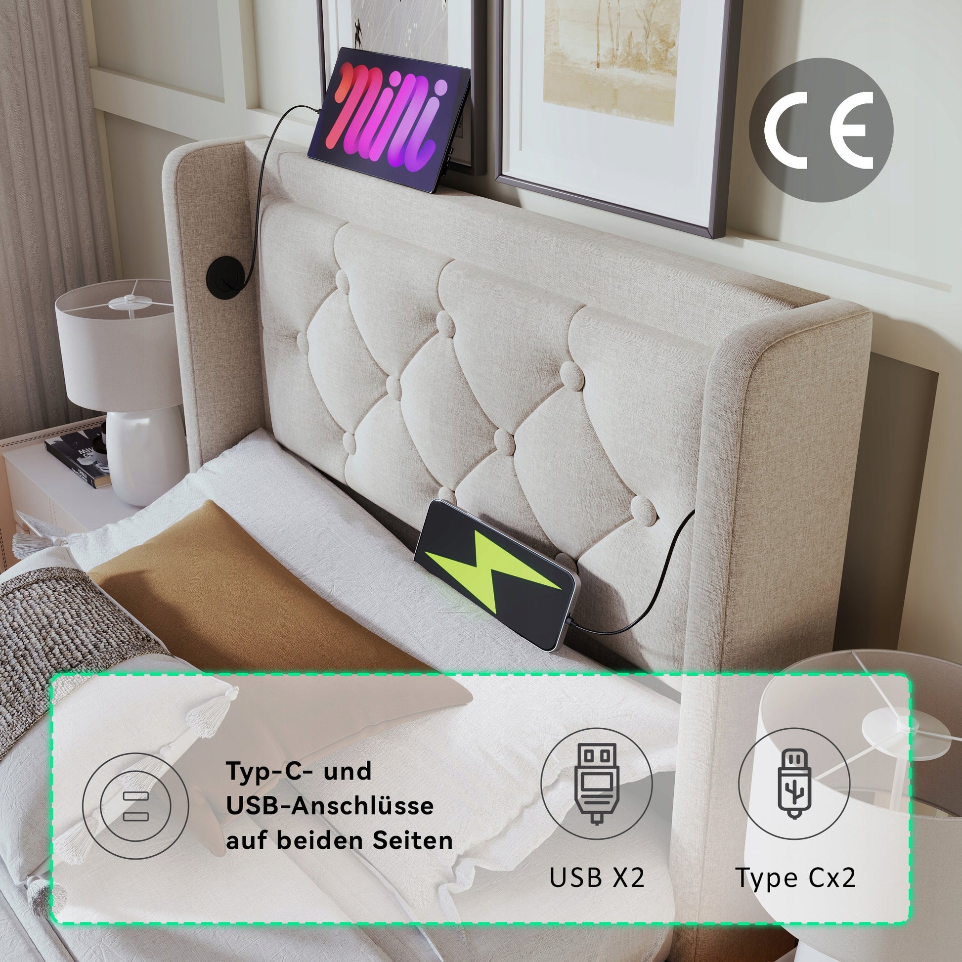 Letto imbottito idraulico - Xylo - 90x200 - Beige - LED, USB-C