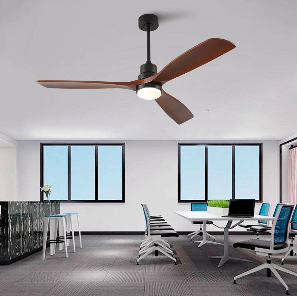 Ventilatore da soffitto 60 pollici in legno massello con luce LED; telecomando; nero noce
