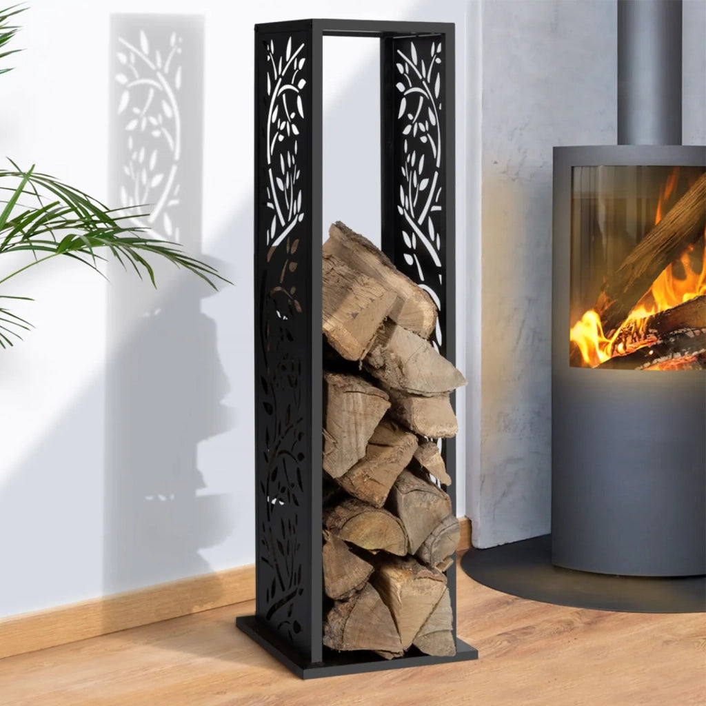 IDMarket - Leñero vertical de acero negro con motivo de árbol H.112 cm