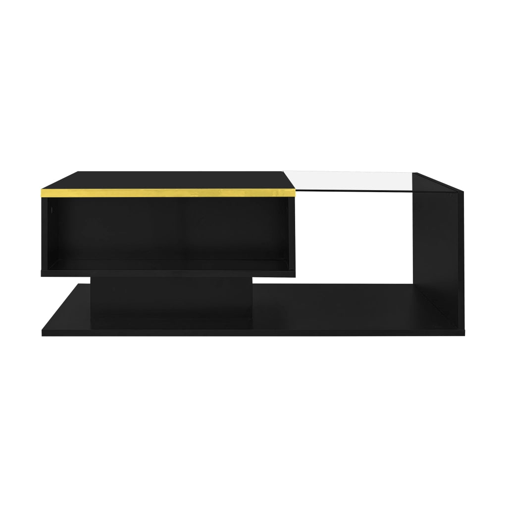 Tavolino da caffè 90x50x32.5 cm; piano in vetro con LED a 16 colori; pannello truciolare nero