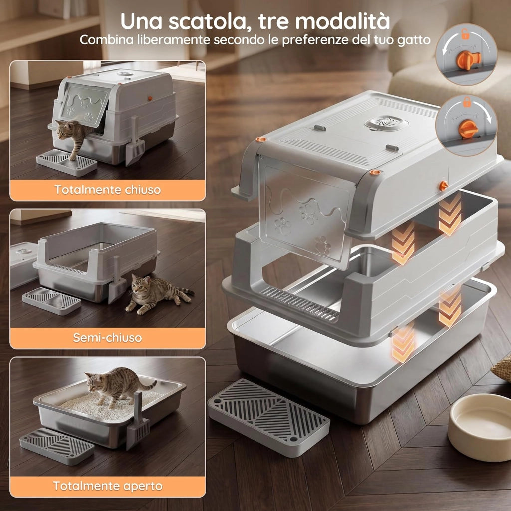 Lettiera Gatto Acciaio Inox, Lettiera Chiusa Acciaio Inox XXXL, Toilette Per Gatti 3 In 1, Con Set Deodorante E Paletta, Per Gatti Fino A 20 Kg，Grigio Chiaro
