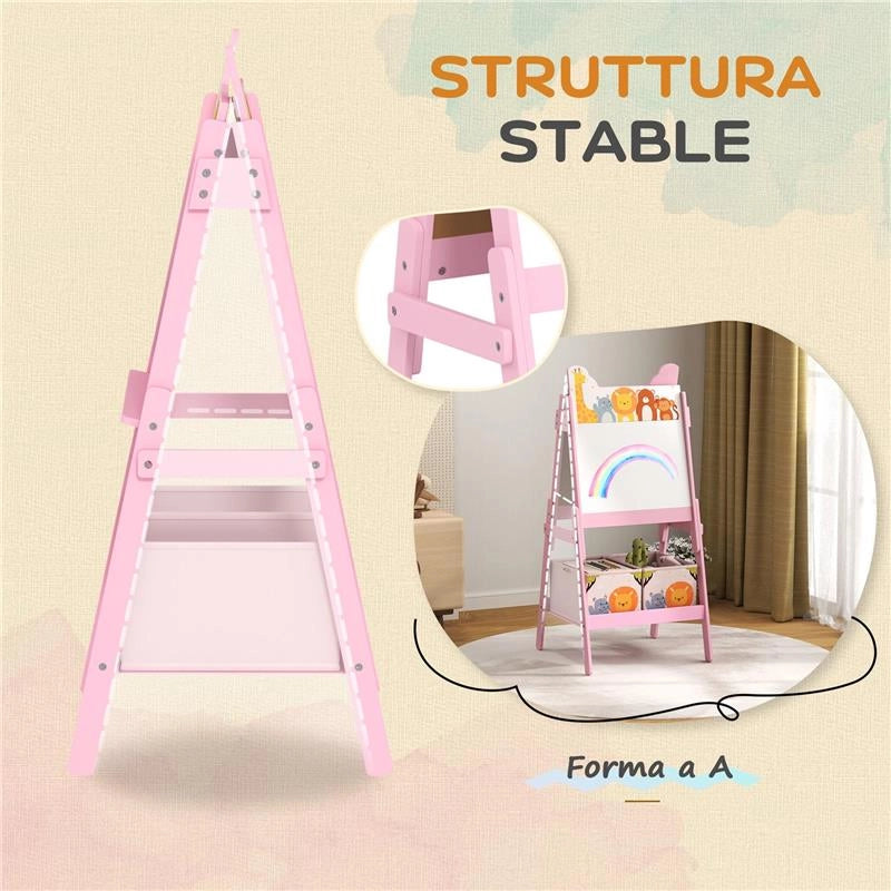 CAVALLETTO ARTISTICO PER BAMBINI 3-8 ANNI CON LAVAGNA A 2 LATI E 2 CESTINI CONTENITORI, IN LEGNO, 53.5X49X113 CM, ROSA