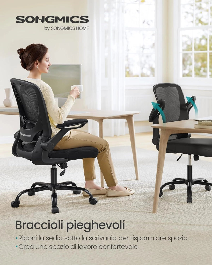 SONGMICS Sedia da Ufficio Girevole, Sedia di Rete da Computer Ergonomica, Supporto Lombare, Oscillante, Seduta 53 cm, Braccioli Pieghevoli, Nero OBN37BK