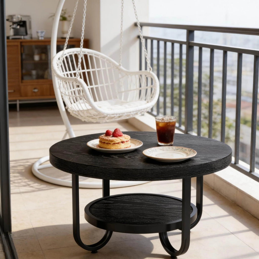 Tavolino da caffè rotondo a 2 livelli in MDF e metallo nero; piano ? 79 cm