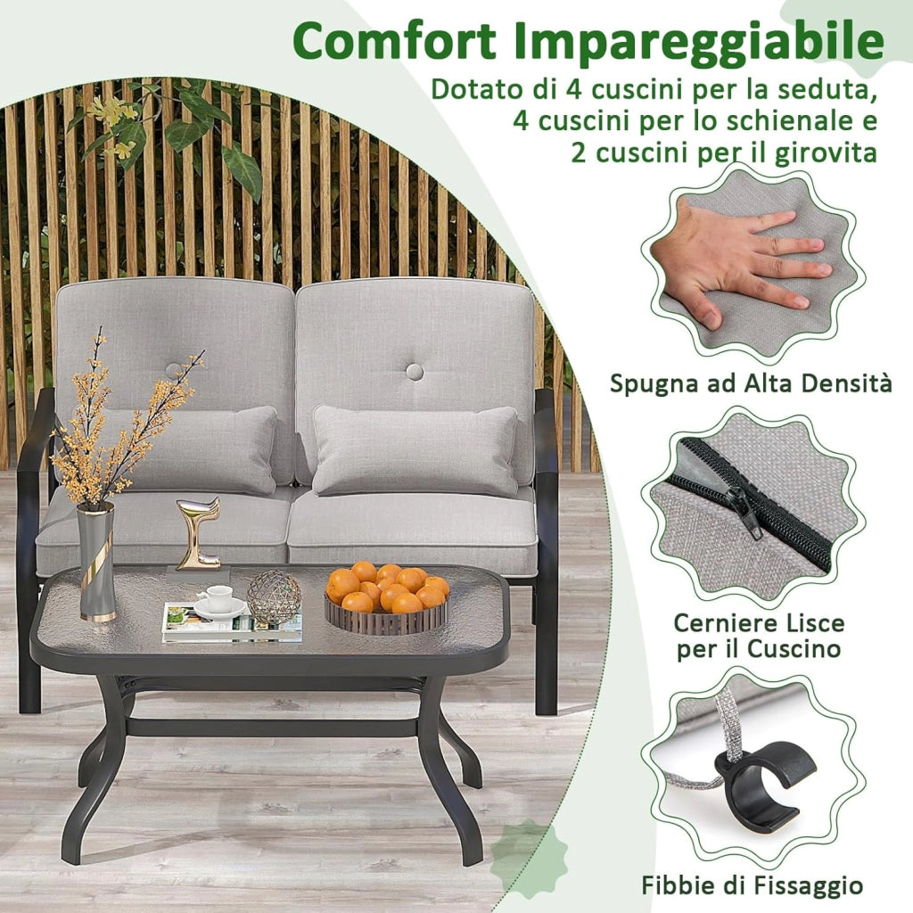 4 Pezzi Set di Mobili da Giardino, con Cuscini e Tavolino in Vetro Temperato, Struttura in MetalloSet di Divani da Esterno per Giardino Cortile e Piscina (Grigio)