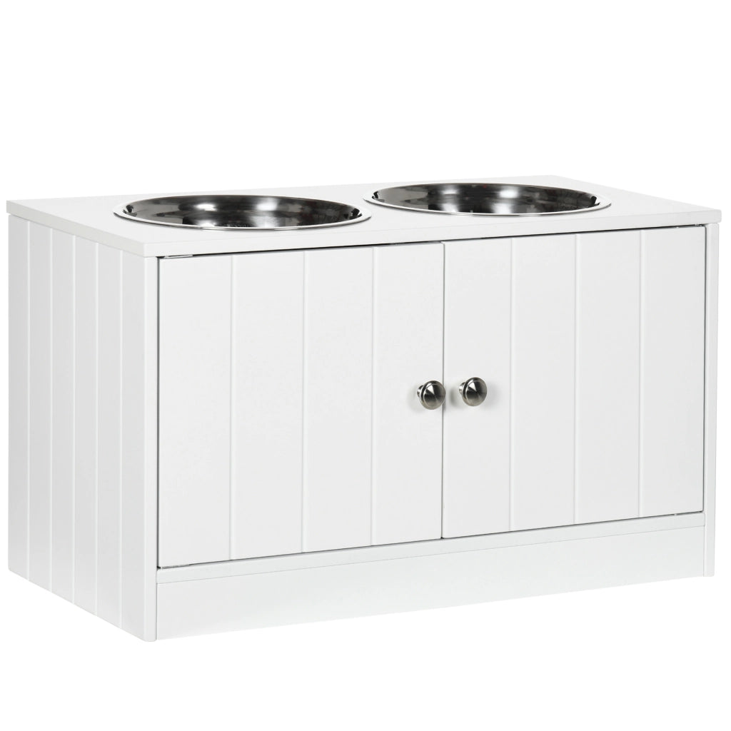Mangiatoia per cani rialzata con 2 ciotole in acciaio inox, vano da 44 L, porte magnetiche bianca